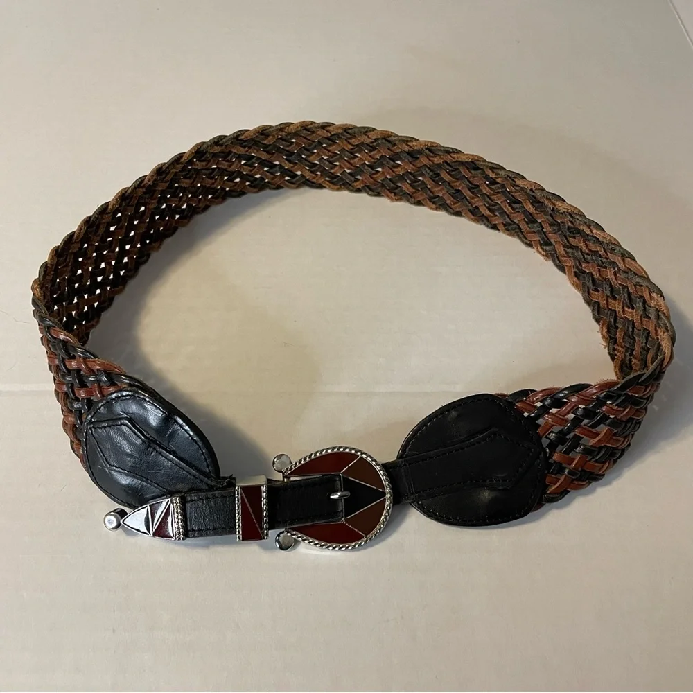 Vintage R.O.C. Brown/Black Weave Braid Leather Enamel Buckle Western Belt Medium